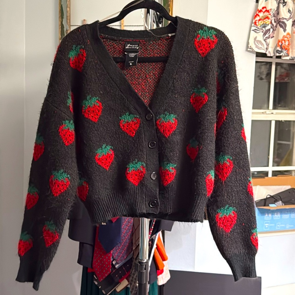 Strawberry Patterned Black Mohair style Sweater by Sweet Society.